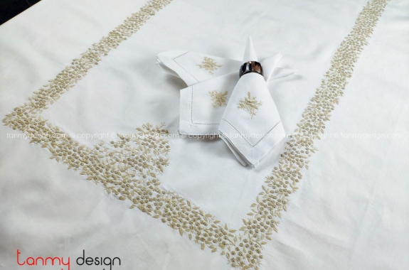 Rectangle baby mimosa flower with French jour embroidered table cloth (400x200cm) - include 14 napkins